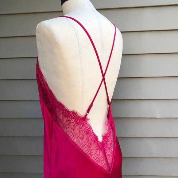 NWOT New 100% Silk Pink Red Lace Criss Cross Chemise Negligee Full Slip Dress M - Picture 10 of 17